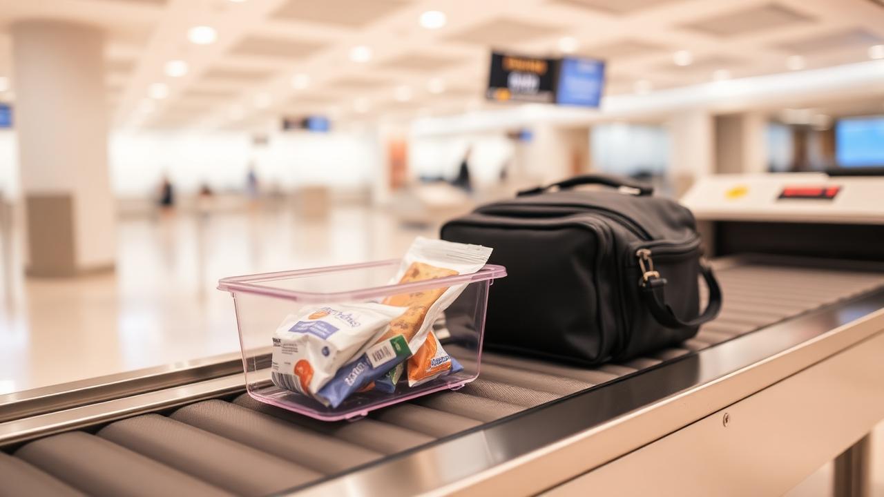 Sealed snack pouches in a clear security tray next to a carry-on bag at an airport checkpoint