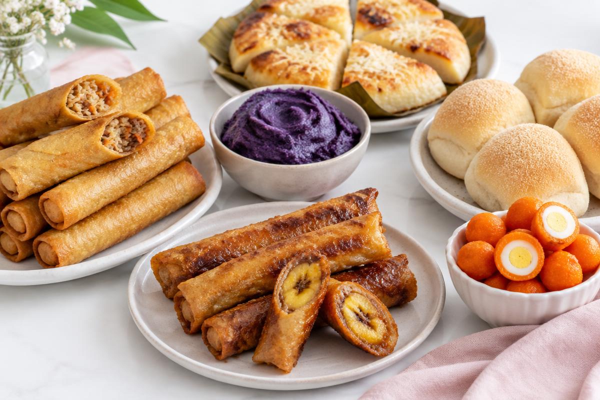 Illustration of lumpia, turon, pandesal, ube and kwek-kwek
