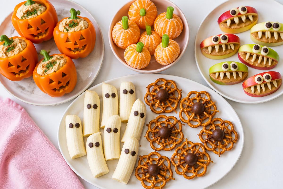 Illustration of banana ghosts, mandarin pumpkins and Halloween snack plates