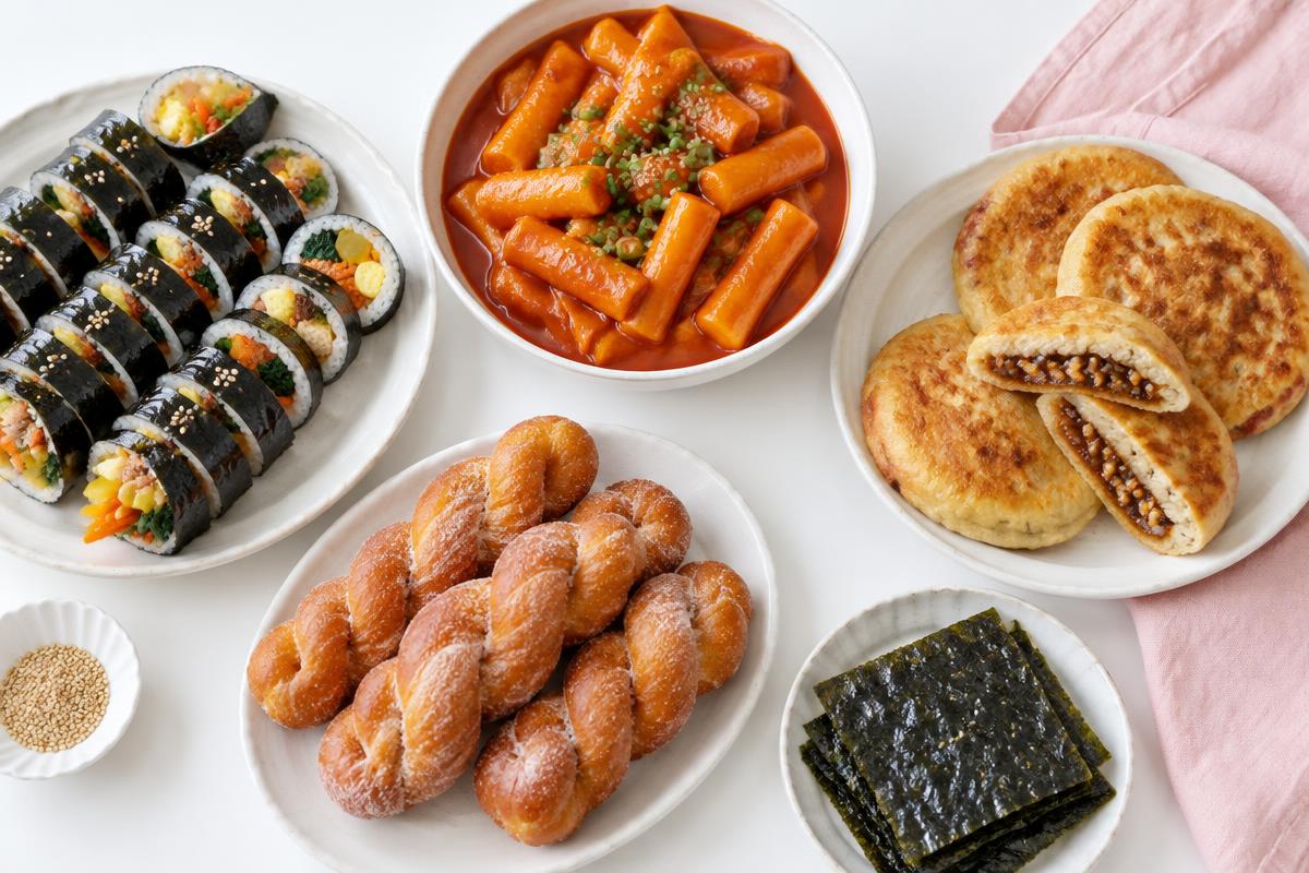 Illustration of gimbap, tteokbokki, hotteok, doughnuts and seaweed