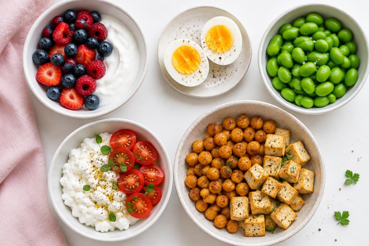 Illustration of yogurt, eggs, vegetables, berries and protein-containing foods